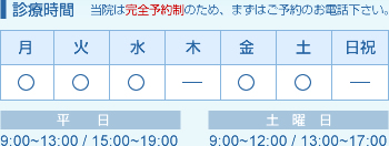 診療時間(当院は完全予約制のため、まずはご予約のお電話を下さい。)
月○　火○　水○　木－　金○　土○　日祝－
平日 9：00～13：00/15：00～19：00　休日 9：00～12：00/13：00～17：00