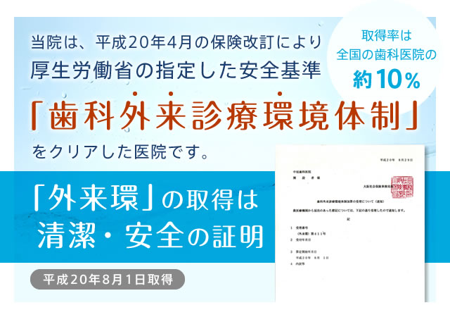 当院は、平成20年4月の保険改訂により厚生労働省の指定した安全基準「歯科外来診療環境体制」をクリアした医院です。