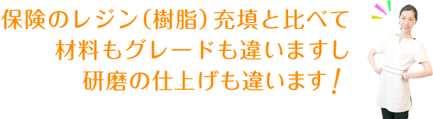 保険のレジン（樹脂）充填と比べて材料もグレードも違いますし、研磨の仕上げも違います。