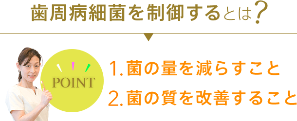 歯周病細菌を制御するとは「菌の量を減らすこと」「菌の質を改善すること」